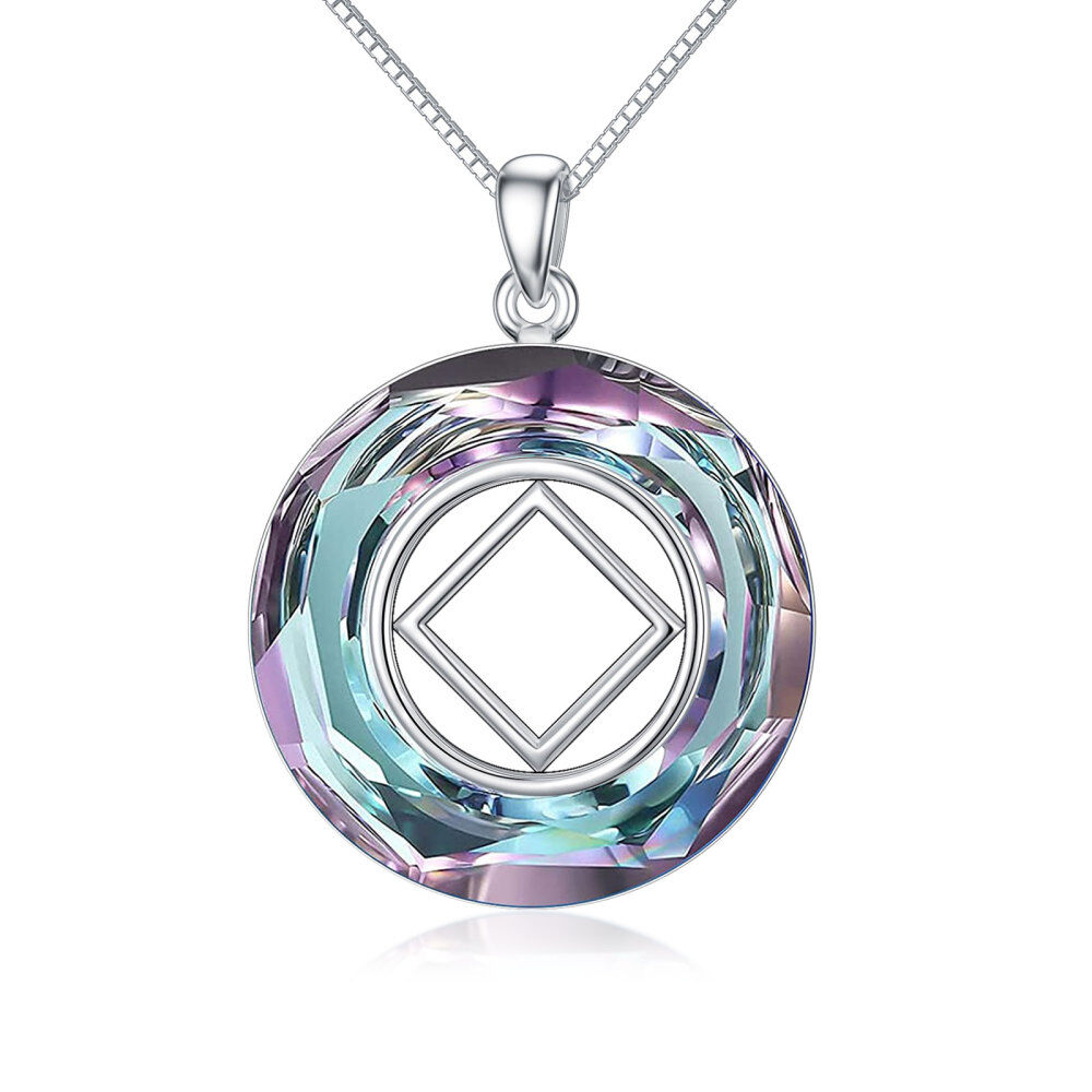 Sterling Silver Circular Shaped Narcotics Anonymous & Square Crystal Pendant Necklace-1