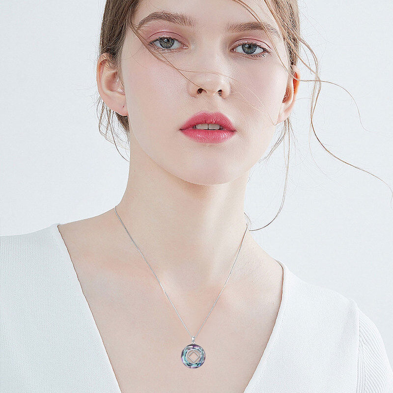 Sterling Silver Circular Shaped Narcotics Anonymous & Square Crystal Pendant Necklace-2