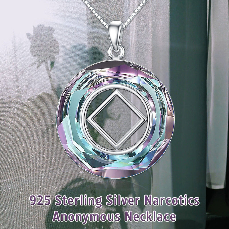 Sterling Silver Circular Shaped Narcotics Anonymous & Square Crystal Pendant Necklace-4