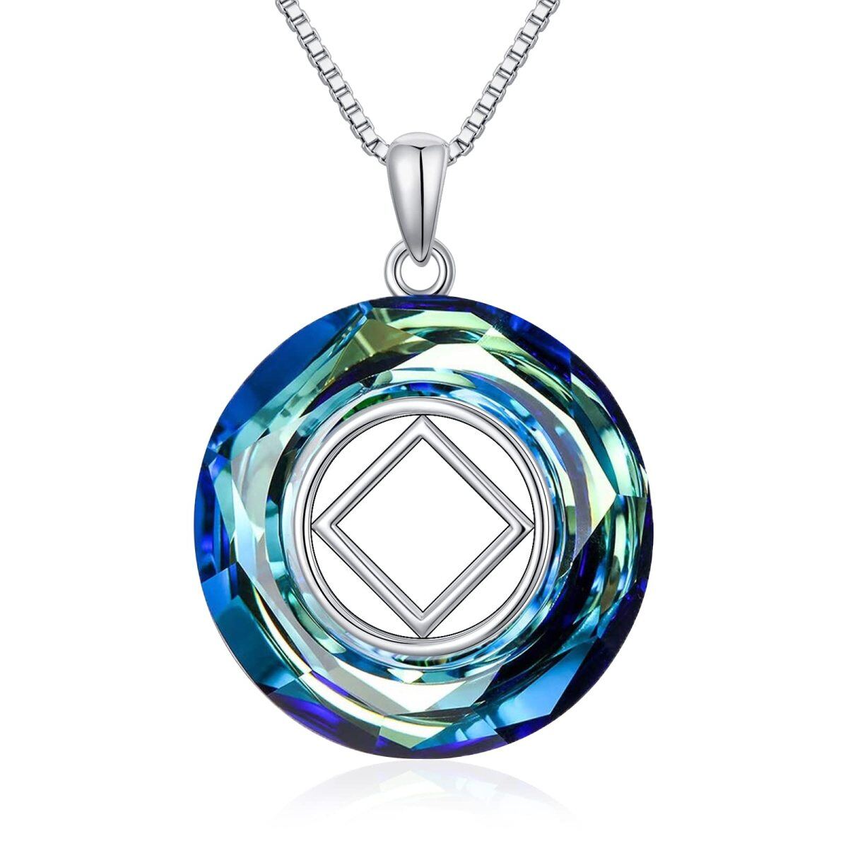 Sterling Silver Circular Shaped Crystal Narcotics Anonymous & Square Pendant Necklace-1