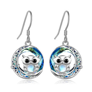 Sterling Silver Circular Shaped Crystal Owl Drop Earrings-29