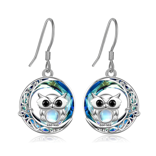 Sterling Silver Circular Shaped Crystal Owl Drop Earrings-2