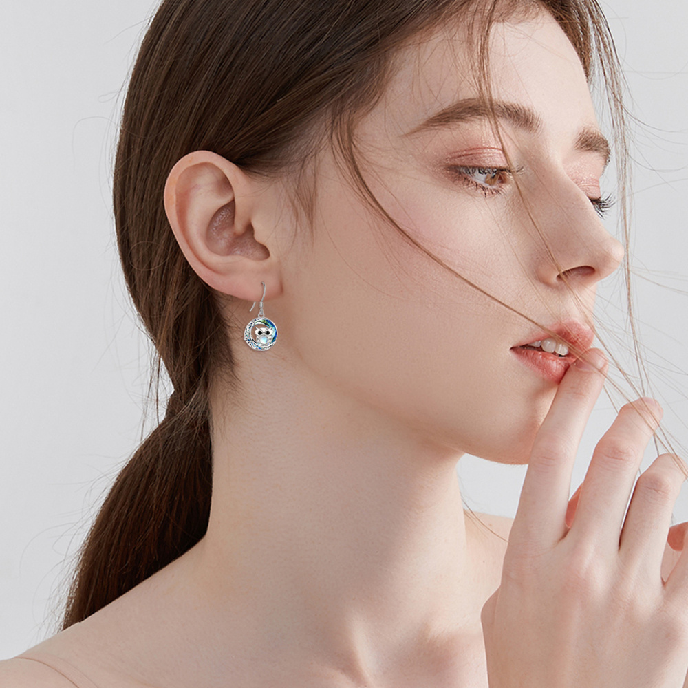 Pendientes colgantes de búho de cristal con forma circular de plata de ley-2