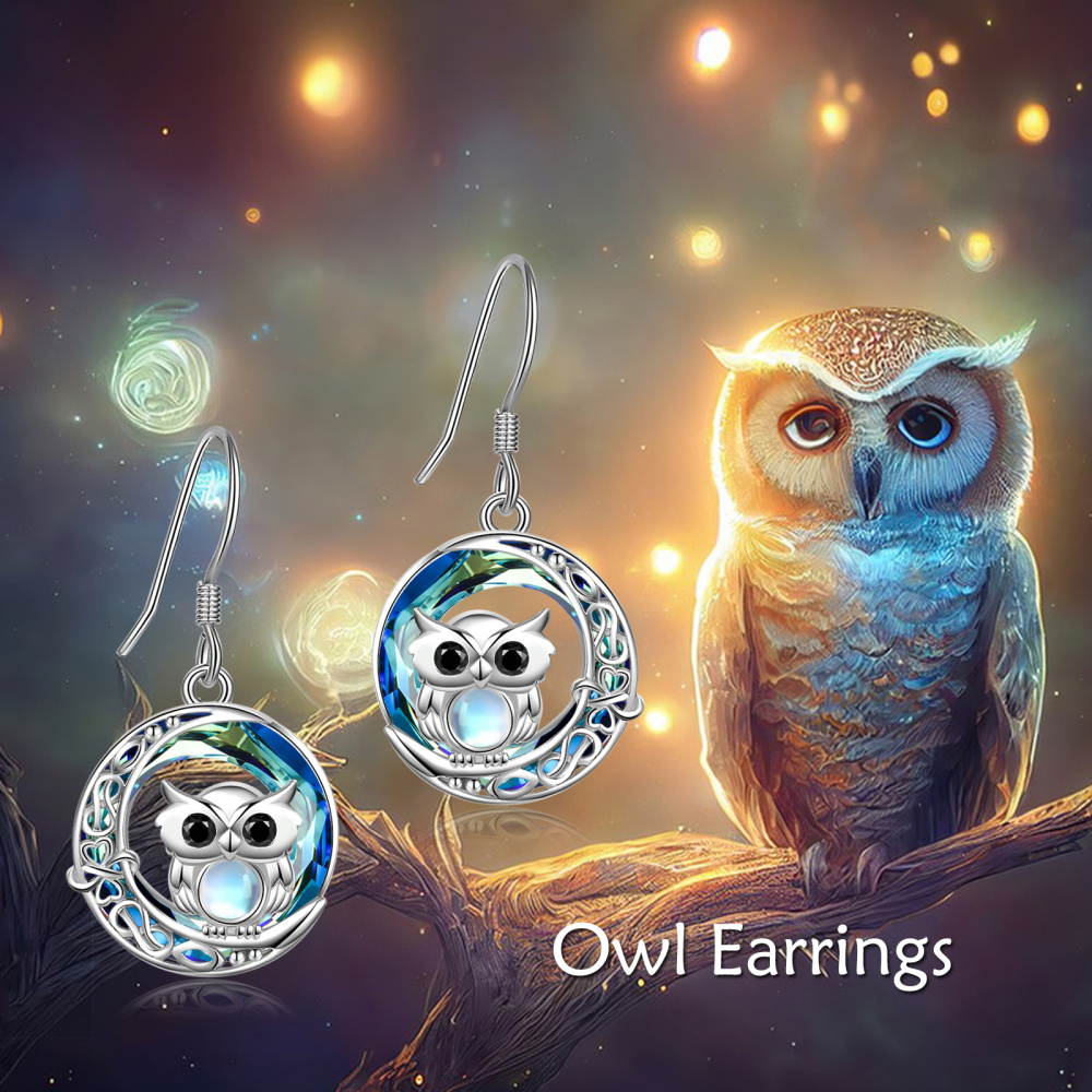 Pendientes colgantes de búho de cristal con forma circular de plata de ley-3