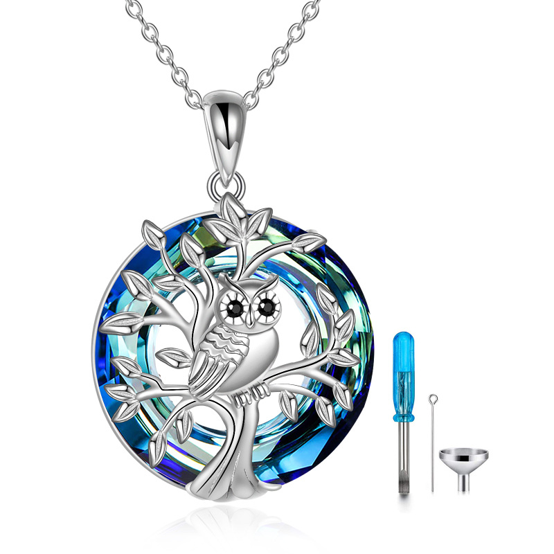 Sterling Silver Circular Shaped Crystal Owl & Tree Of Life Urn Necklace for Ashes-6