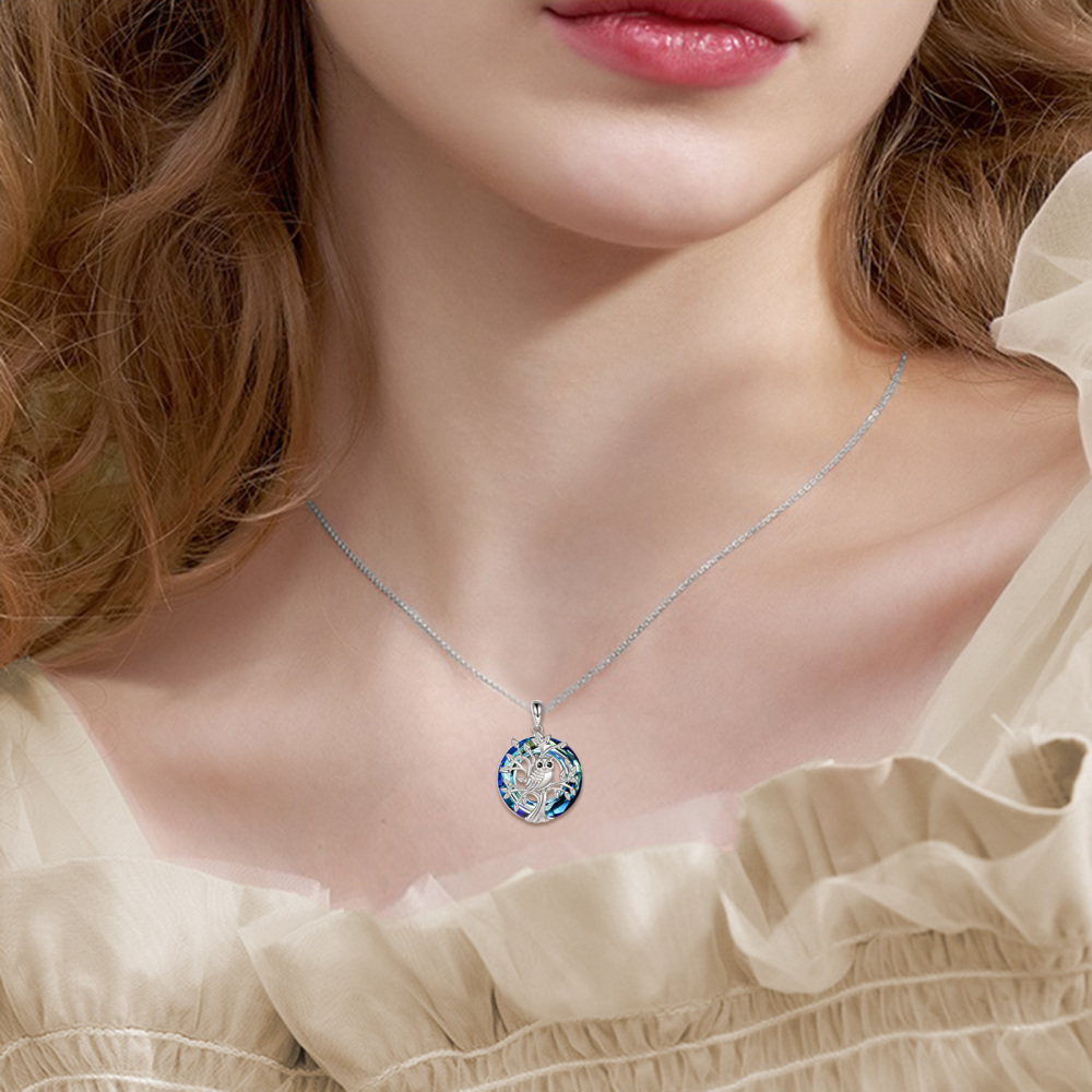Sterling Silver Circular Shaped Crystal Owl & Tree Of Life Urn Necklace for Ashes-2