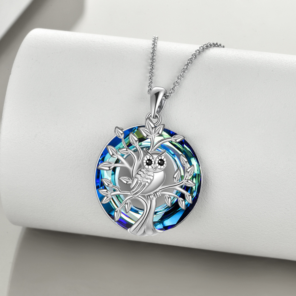 Sterling Silver Circular Shaped Crystal Owl & Tree Of Life Urn Necklace for Ashes-3