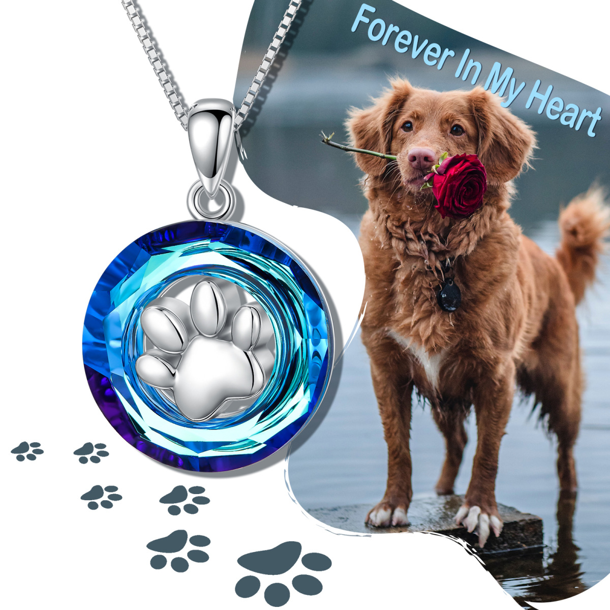 Sterling Silver Circular Shaped Crystal Paw Urn Necklace for Ashes-6