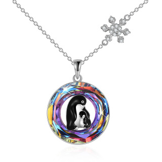 Sterling Silver Circular Shaped Crystal Penguin Circle Pendant Necklace-2