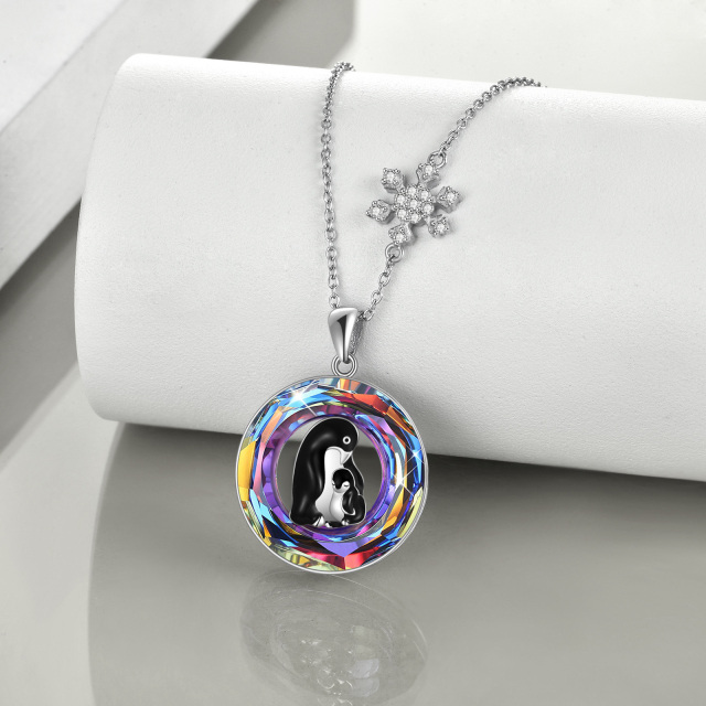 Sterling Silver Circular Shaped Crystal Penguin Circle Pendant Necklace-3