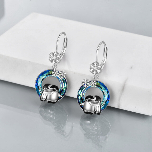 Sterling Silver Circular Shaped Crystal Penguin & Snowflake Lever-back Earrings-3