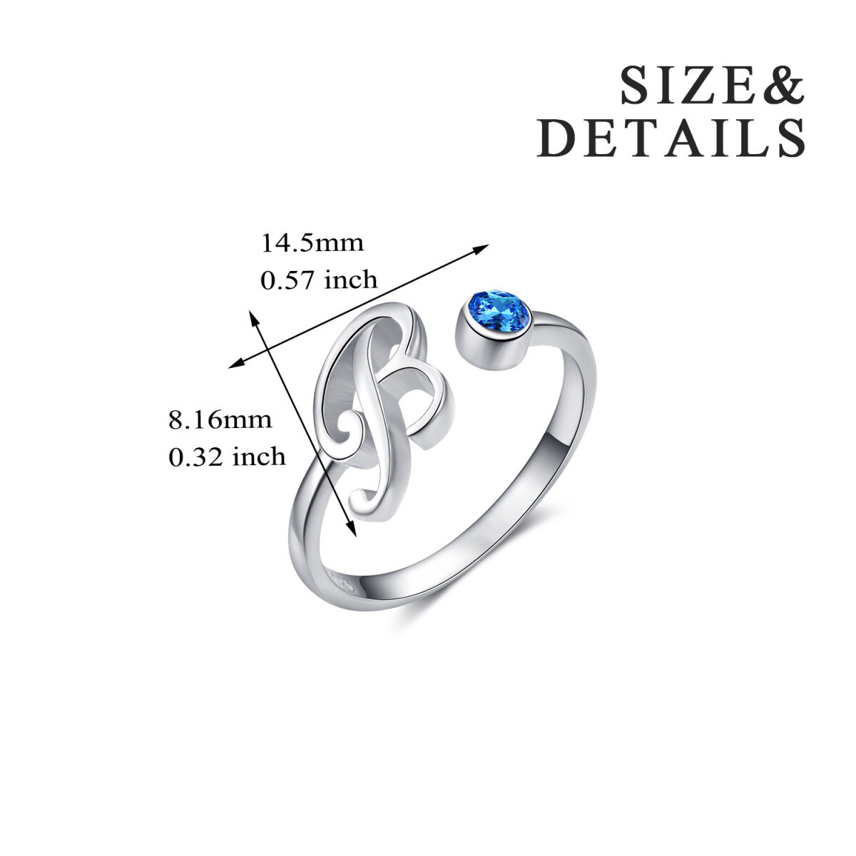 Bague en argent sterling avec lettre initiale B en cristal de forme circulaire-5