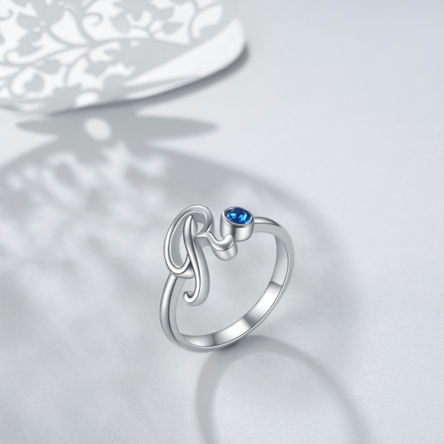 Sterling zilveren cirkelvormige kristal gepersonaliseerde eerste letter ring met eerste letter R-3