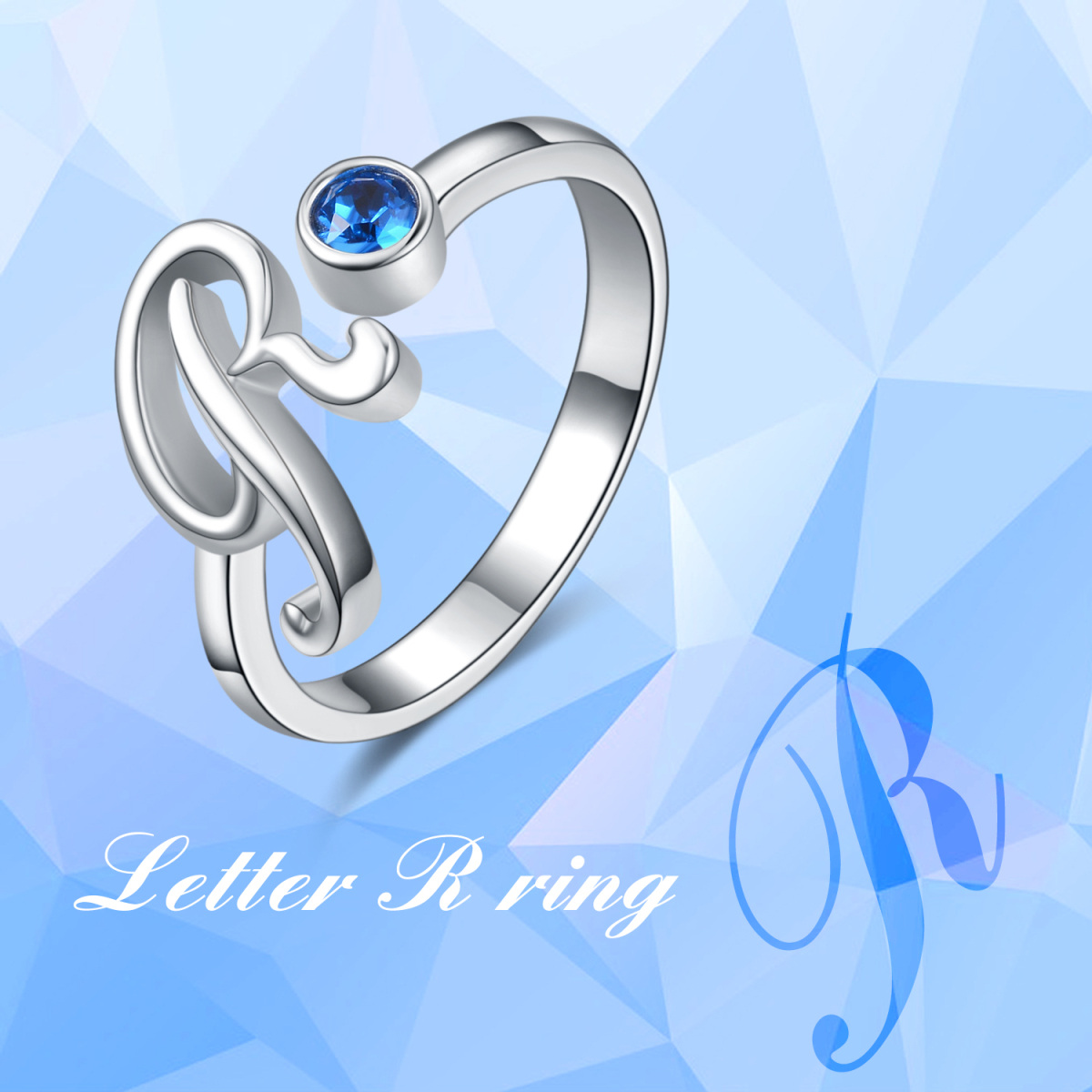 Sterling Silver Circular Shaped Crystal Personalized Initial Letter Ring with Initial Letter R-6