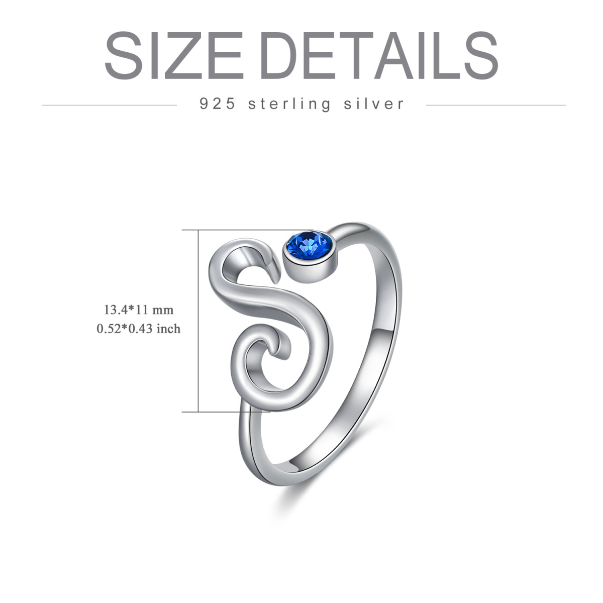 Sterling Silver Circular Shaped Crystal Personalized Initial Letter Ring with Initial Letter S-4