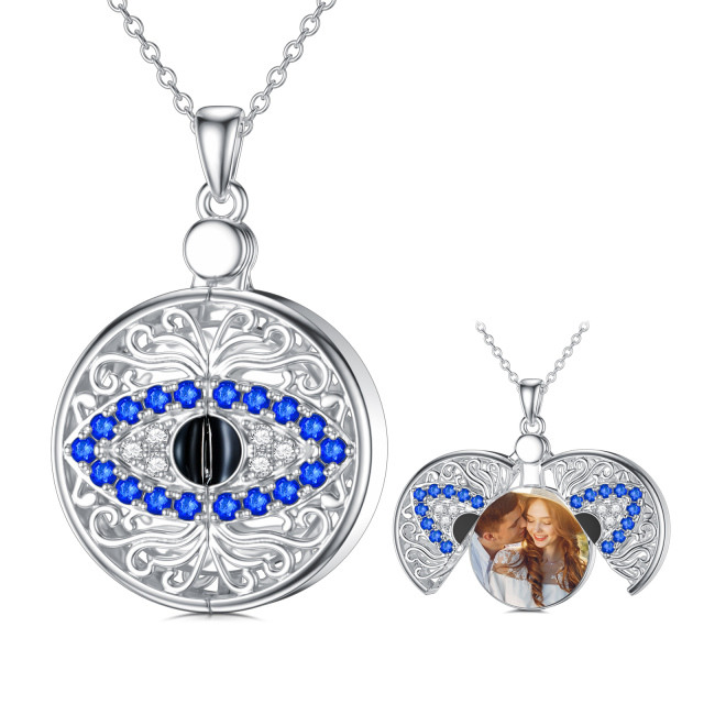 Sterling Silver Circular Shaped Crystal Personalized Photo & Evil Eye Personalized Photo Locket Necklace-1