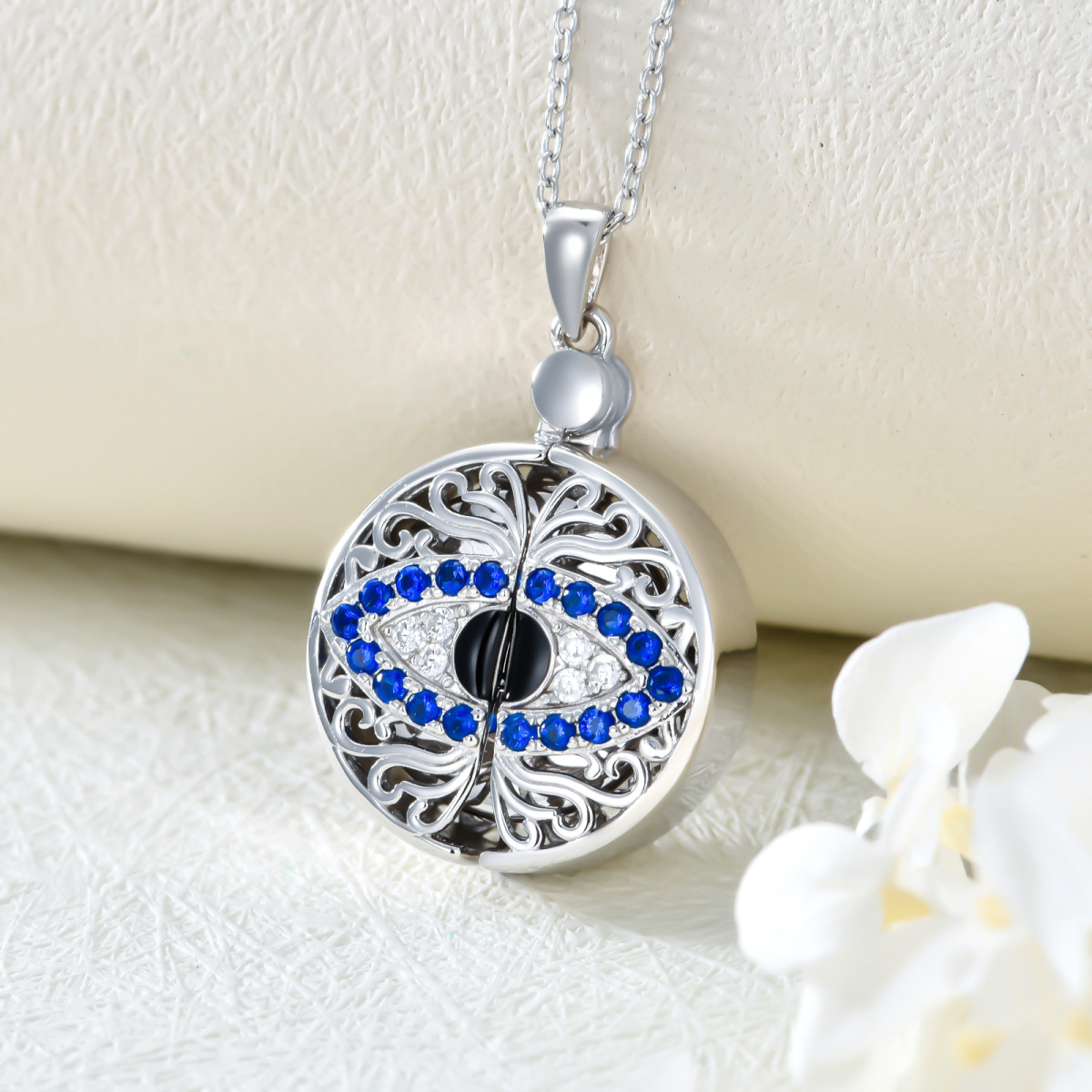 Sterling Silver Circular Shaped Crystal Personalized Photo & Evil Eye Personalized Photo Locket Necklace-3