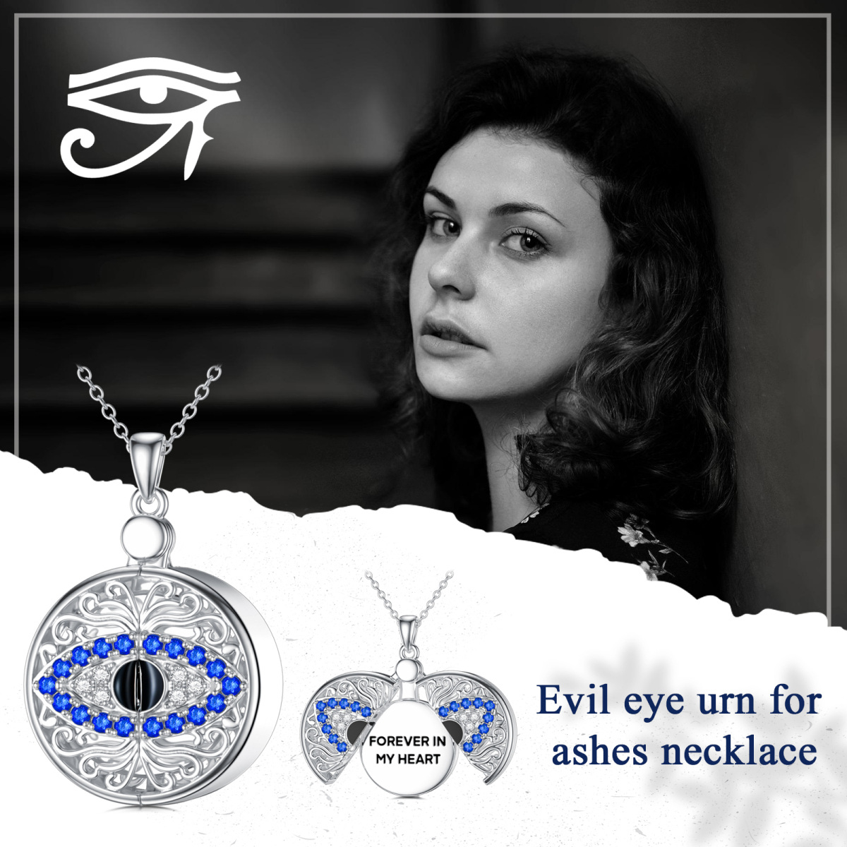 Sterling Silver Circular Shaped Crystal Personalized Photo & Evil Eye Personalized Photo Locket Necklace-7