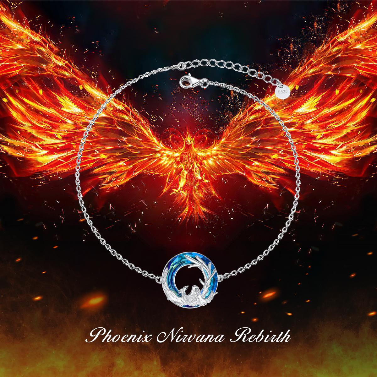 Pulseira de prata esterlina com pingente de cristal Phoenix em forma circular-5