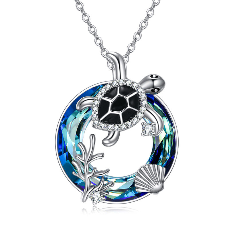 Sterling Silver Circular Shaped Crystal Sea Turtle Pendant Necklace-7