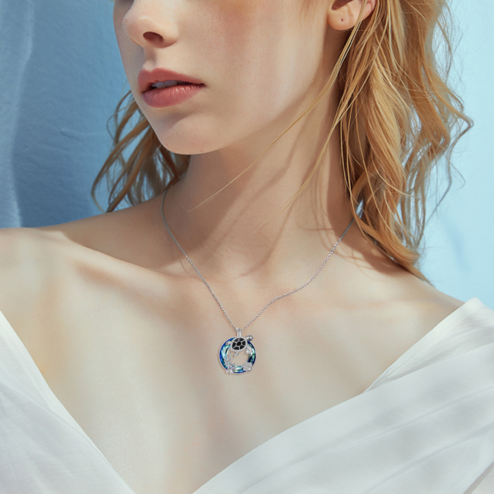 Sterling Silver Circular Shaped Crystal Sea Turtle Pendant Necklace-2