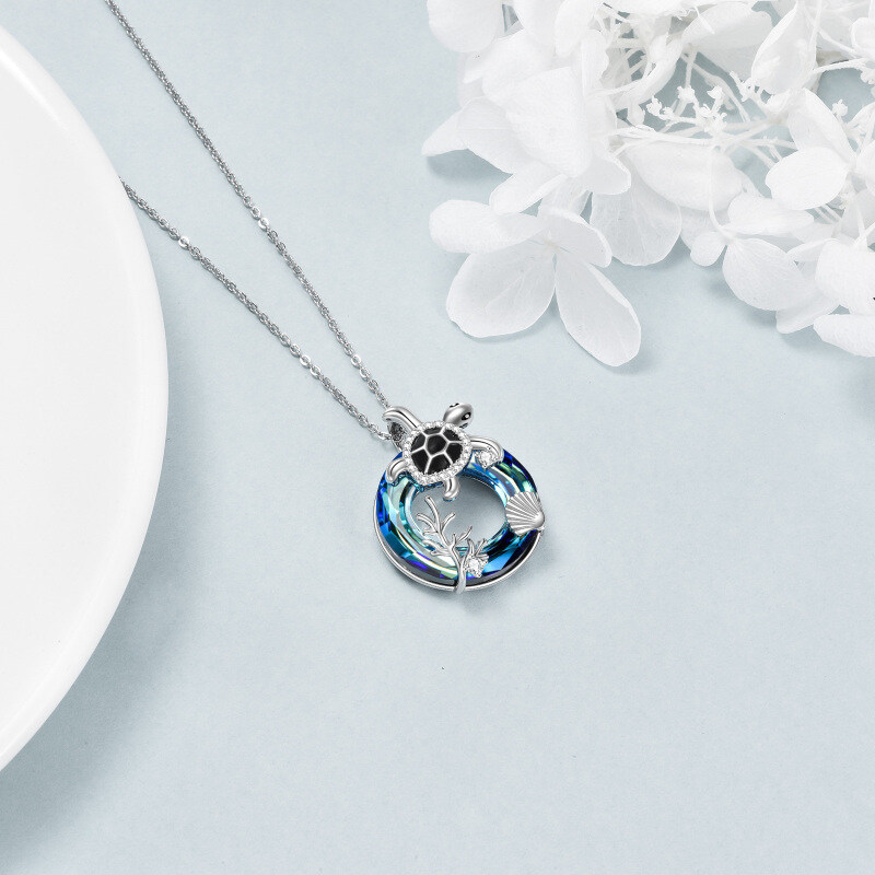 Sterling Silver Circular Shaped Crystal Sea Turtle Pendant Necklace-4
