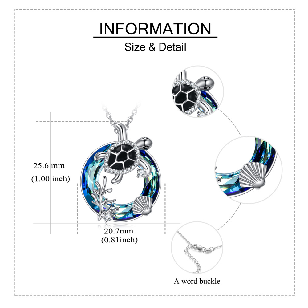 Sterling Silver Circular Shaped Crystal Sea Turtle Pendant Necklace-6