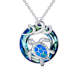 Sterling Silver Circular Shaped Crystal Sea Turtle & Spray Pendant Necklace-47