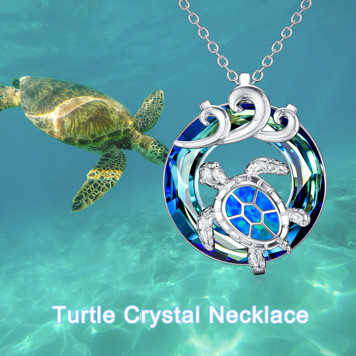 Sterling Silver Circular Shaped Crystal Sea Turtle & Spray Pendant Necklace-3