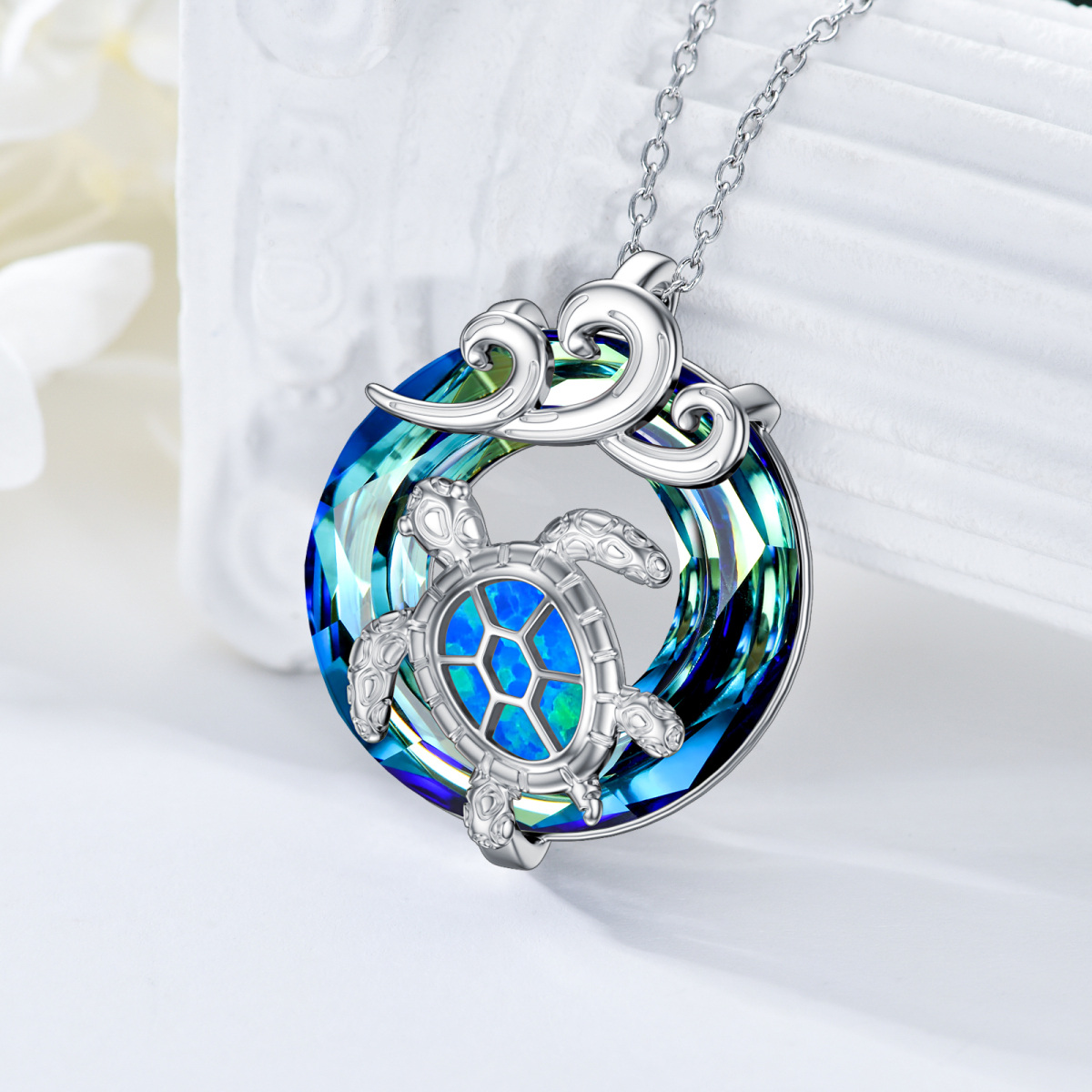 Sterling Silver Circular Shaped Crystal Sea Turtle & Spray Pendant Necklace-4