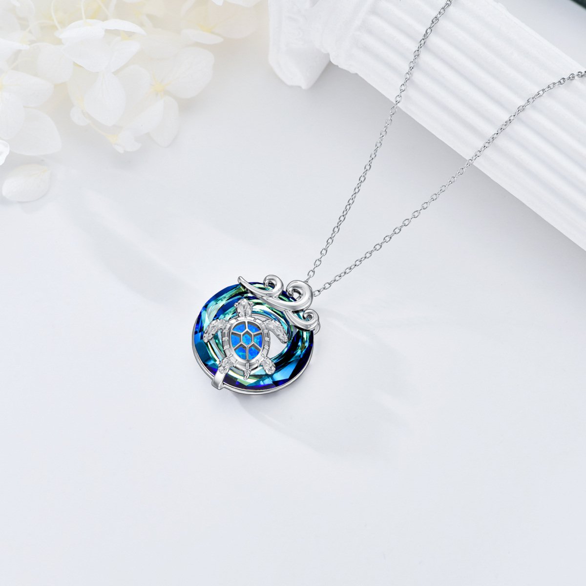 Sterling Silver Circular Shaped Crystal Sea Turtle & Spray Pendant Necklace-5