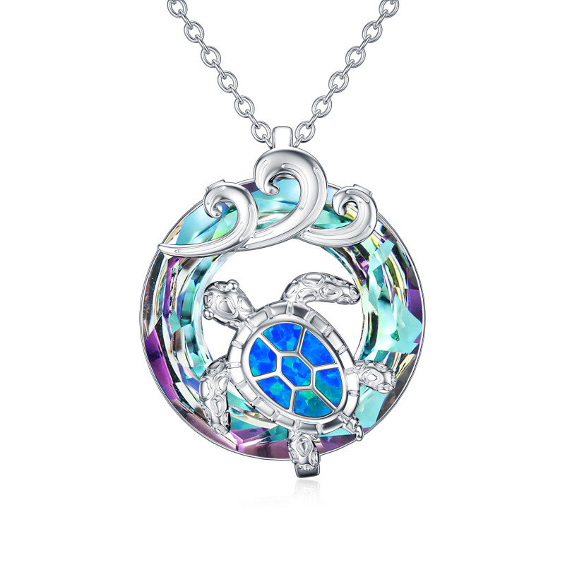 Sterling Silver Circular Shaped Crystal Sea Turtle & Spray Pendant Necklace-5