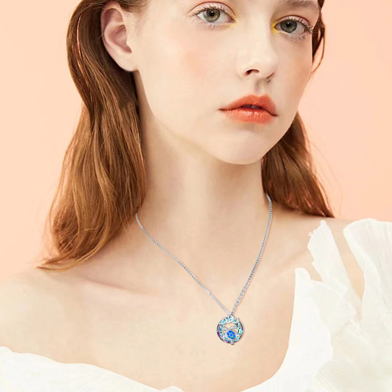 Collana con ciondolo a forma di cerchio in argento sterling con tartaruga marina e spruzzi di cristallo-2