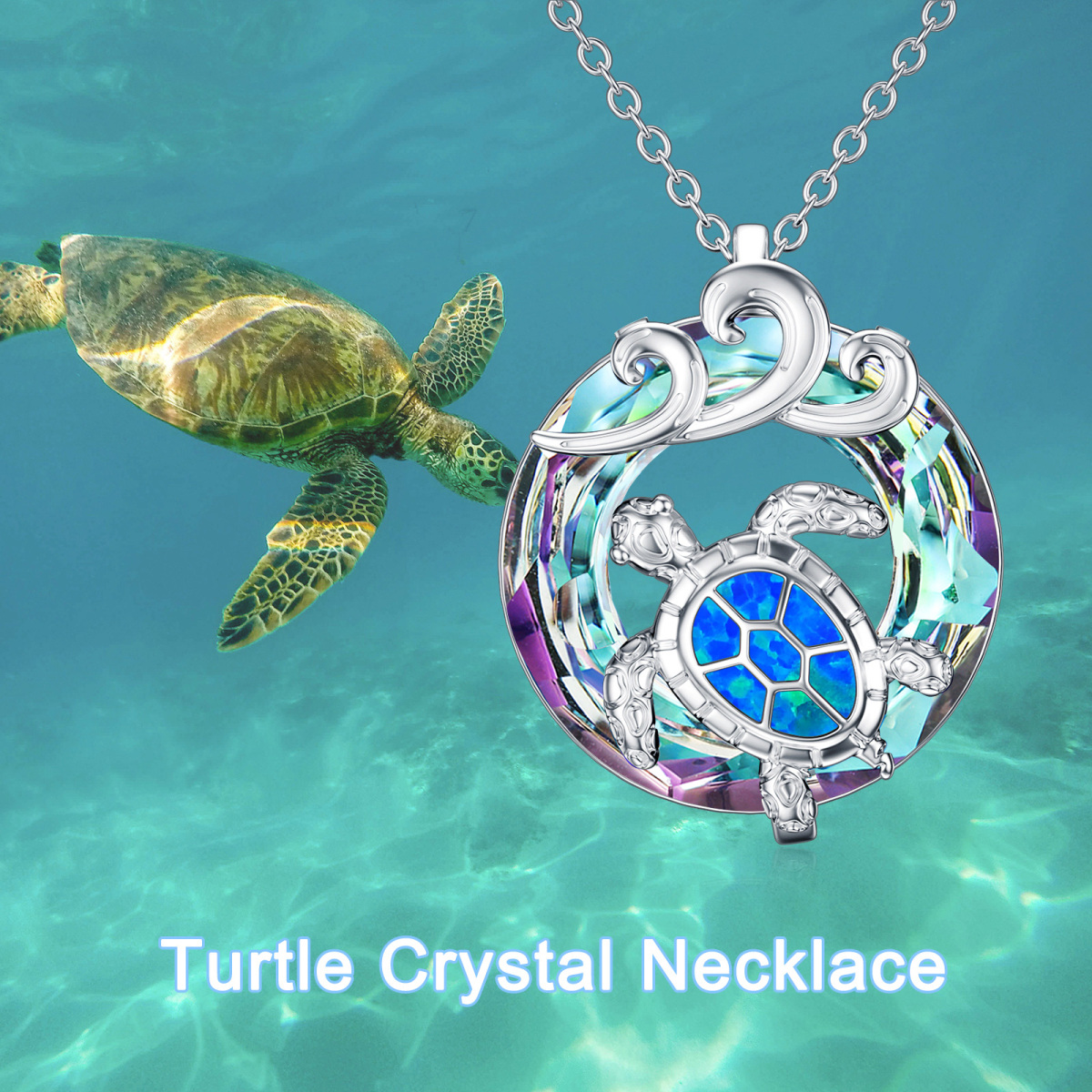 Sterling zilveren cirkelvormige kristallen zeeschildpad & nevel hanger ketting-3
