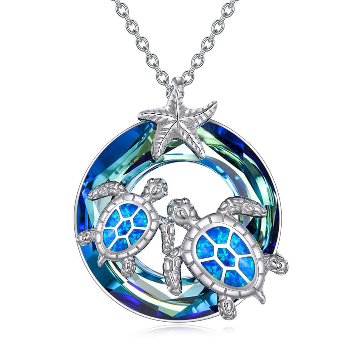 Sterling Silver Circular Shaped Crystal Sea Turtle & Starfish Pendant Necklace-1