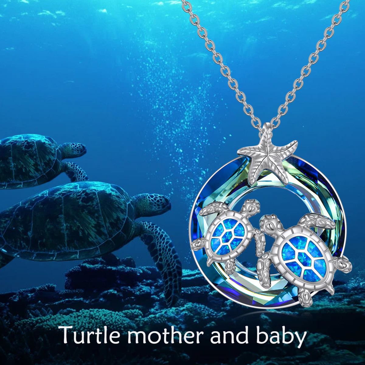 Sterling Silver Circular Shaped Crystal Sea Turtle & Starfish Pendant Necklace-3