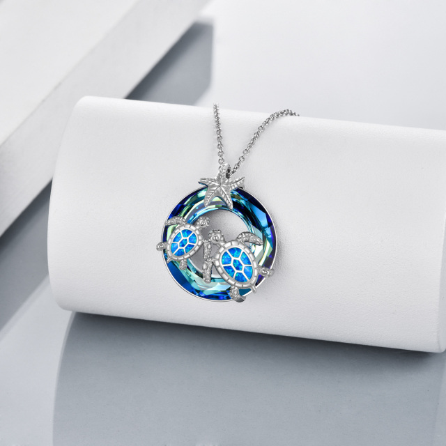 Sterling Silver Circular Shaped Crystal Sea Turtle & Starfish Pendant Necklace-4