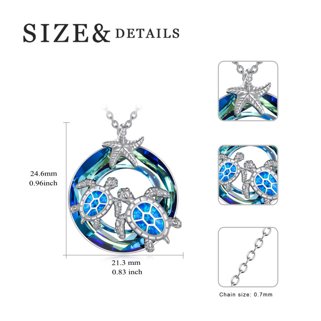 Sterling Silver Circular Shaped Crystal Sea Turtle & Starfish Pendant Necklace-6