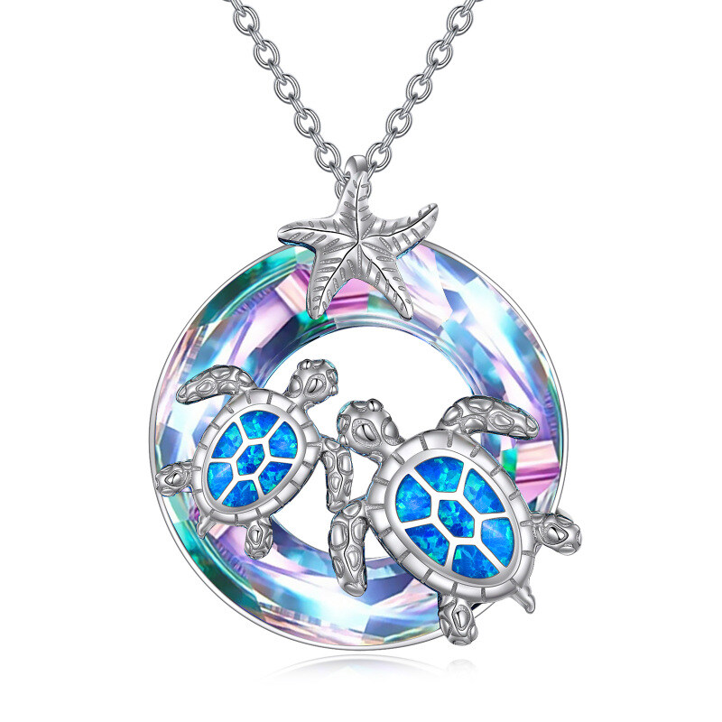Sterling Silver Circular Shaped Crystal Sea Turtle & Starfish Pendant Necklace-1