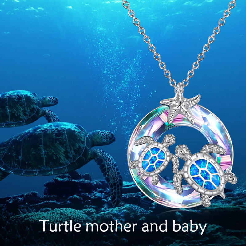 Sterling Silver Circular Shaped Crystal Sea Turtle & Starfish Pendant Necklace-3