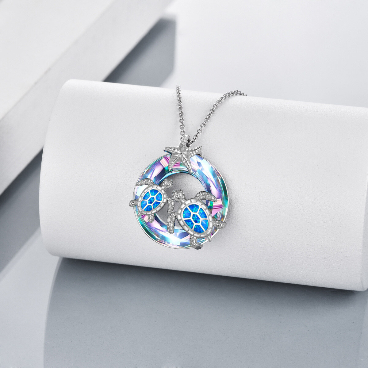Sterling Silver Circular Shaped Crystal Sea Turtle & Starfish Pendant Necklace-4