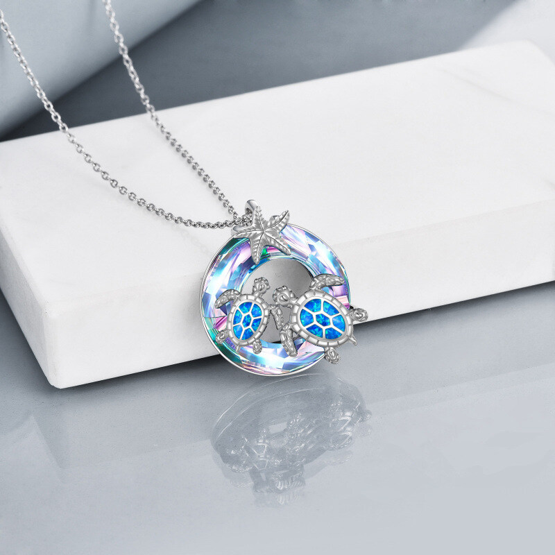 Sterling Silver Circular Shaped Crystal Sea Turtle & Starfish Pendant Necklace-5