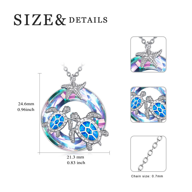 Sterling Silver Circular Shaped Crystal Sea Turtle & Starfish Pendant Necklace-6
