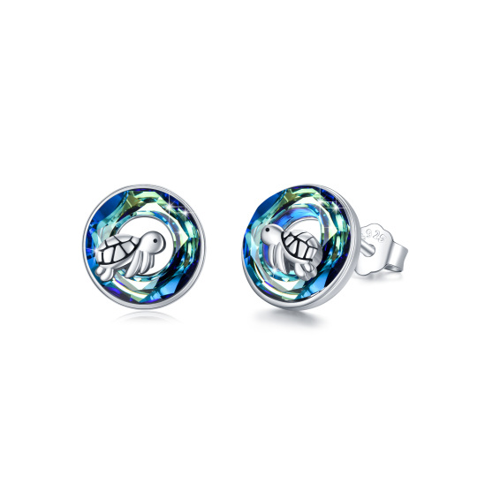 Sterling Silver Circular Shaped Crystal Sea Turtle Stud Earrings