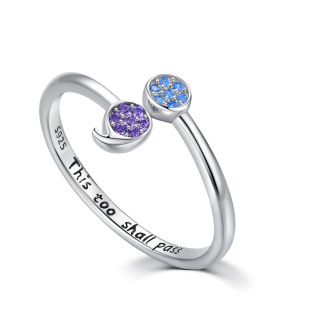 Sterling Silver Round Shaped Crystal Semicolon Open Ring with Engraved Word-18