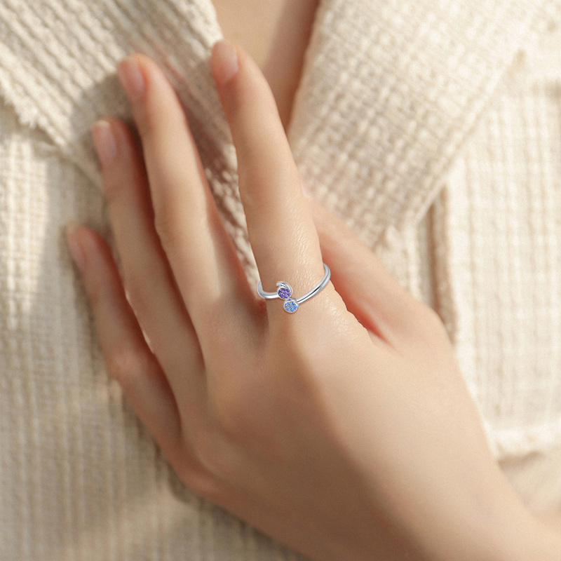 Sterling Silver Round Shaped Crystal Semicolon Open Ring with Engraved Word-2