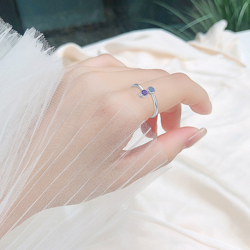 Sterling Silver Round Shaped Crystal Semicolon Open Ring with Engraved Word-3