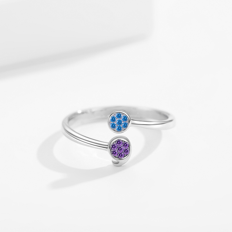 Sterling Silver Round Shaped Crystal Semicolon Open Ring with Engraved Word-4