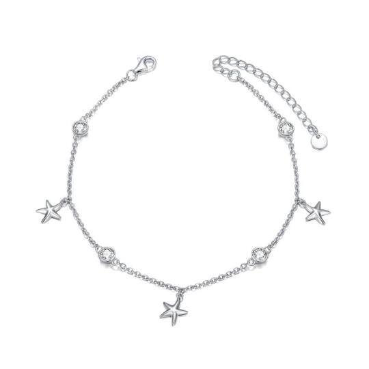 Sterling Silver Circular Shaped Crystal Star Single Layer Anklet