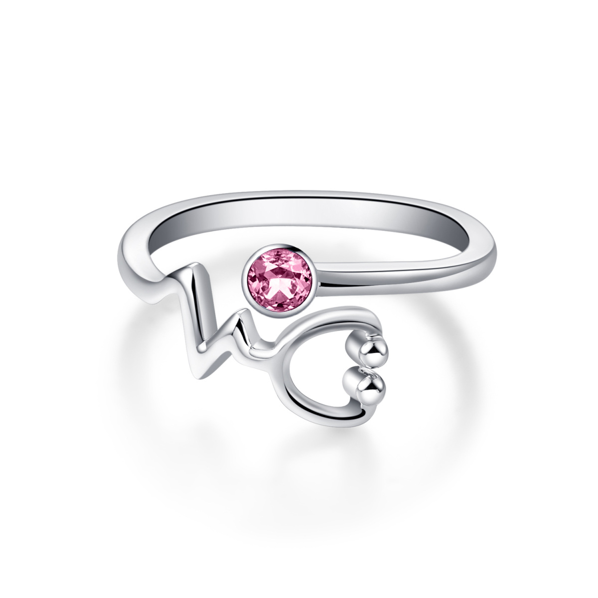 Sterling Silver Round Shaped Crystal Stethoscope Open Ring-1